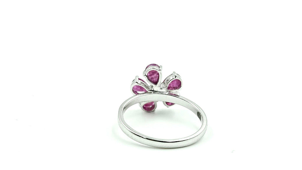 Five-Petal Pear Ruby & Diamond Flower Ring – 925 Sterling Silver, 18K White Gold Vermeil