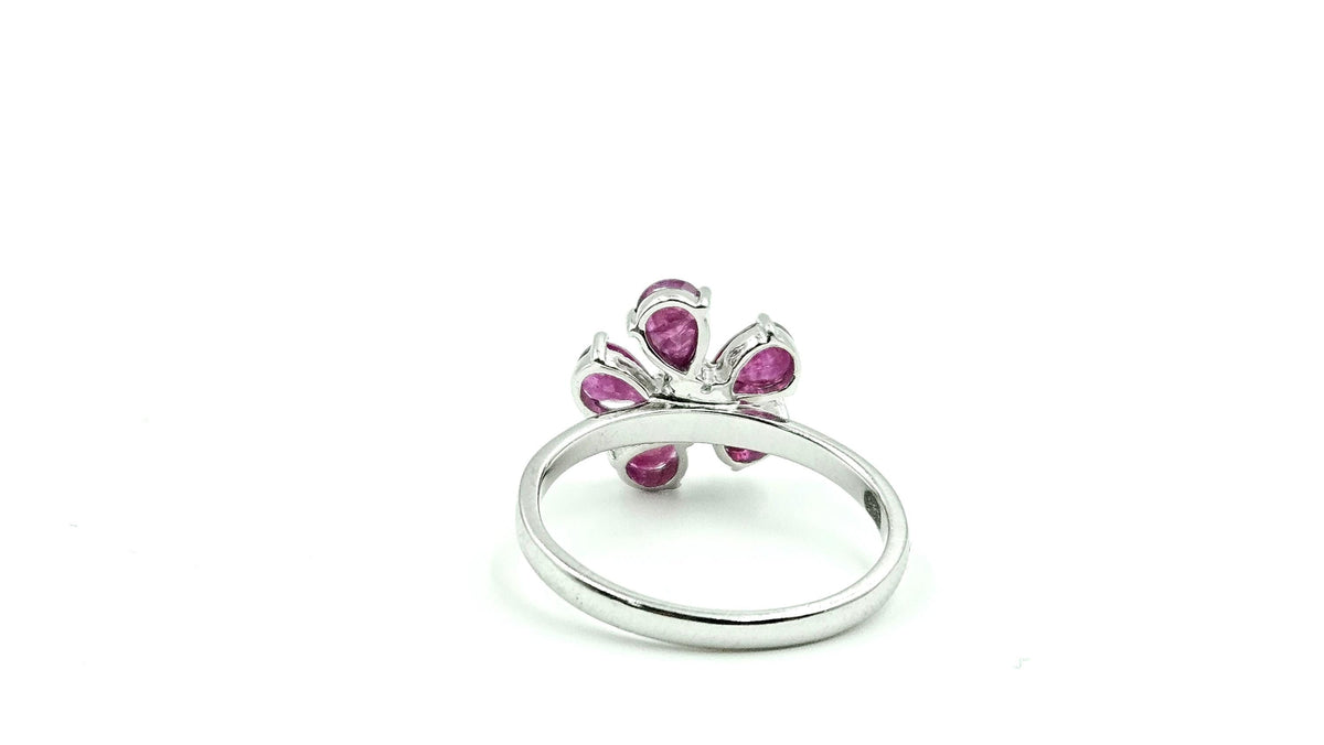 Five-Petal Pear Ruby & Diamond Flower Ring – 925 Sterling Silver, 18K White Gold Vermeil