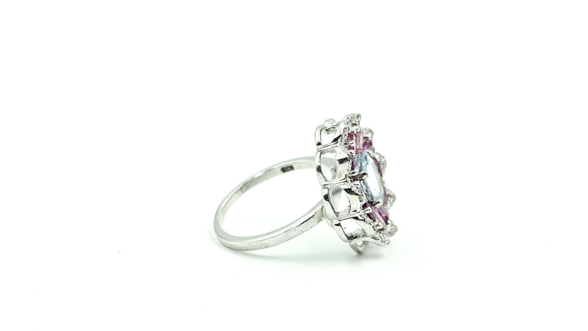 Aquamarine & Ruby Flower Halo Ring with Diamonds – 925 Sterling Silver, 18K White Gold Vermeil