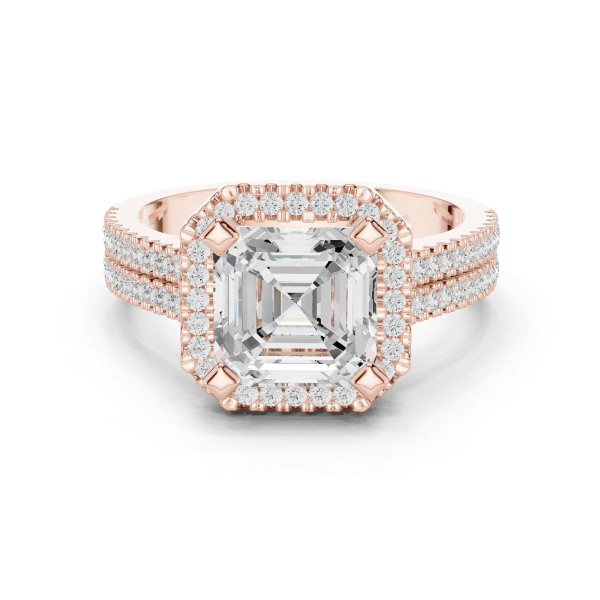 Asscher-Cut Moissanite Halo Ring with Triple-Row Pavé Band – 925 Sterling Silver, 18K Gold Vermeil
