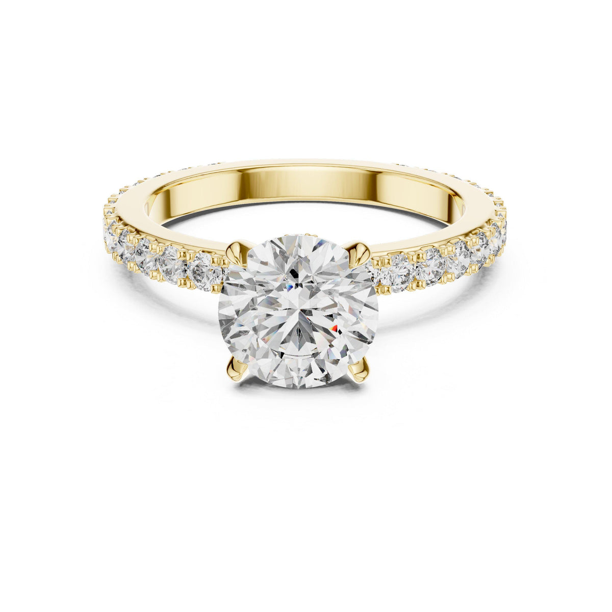 Round Moissanite Solitaire Ring with Pavé Band, Four-Prong – 925 Sterling Silver, 18K Gold Vermeil