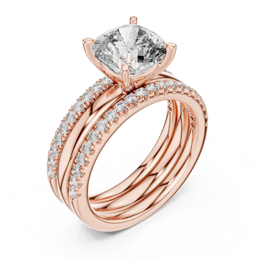 Cushion Moissanite Ring with Stacked Triple Band, 8mm – 925 Sterling Silver, 18K Gold Vermeil
