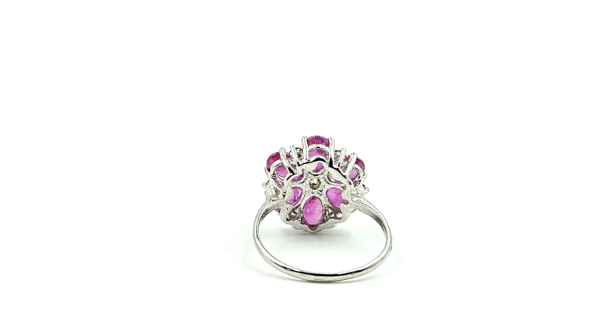 Oval Ruby Flower Cluster Ring with Diamond Centre – 925 Sterling Silver, 18K White Gold Vermeil