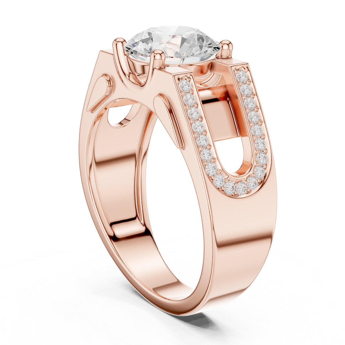Men's Round Moissanite Ring with Pavé Horseshoe Shoulders – 925 Sterling Silver, 18K Gold Vermeil
