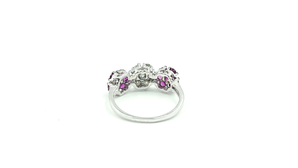 Triple-Cluster Ruby & Diamond Ring – 925 Sterling Silver, 18K White Gold Vermeil
