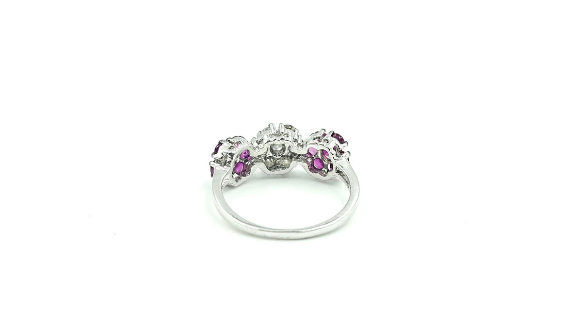 Triple-Cluster Ruby & Diamond Ring – 925 Sterling Silver, 18K White Gold Vermeil