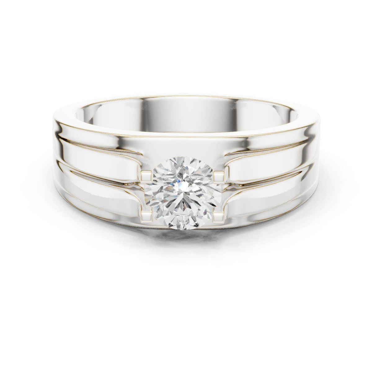 Men's Round Moissanite Ring, Double-Groove Band – 925 Sterling Silver, 18K Gold Vermeil