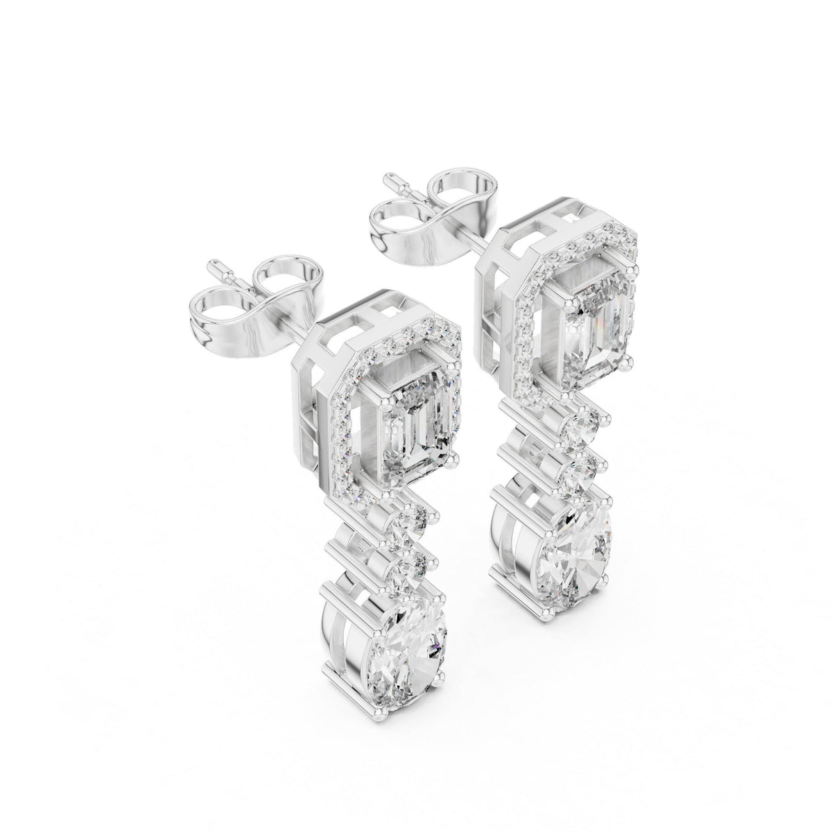 Emerald-Cut Halo Moissanite Drop Earrings – 925 Sterling Silver, 18K Gold Vermeil