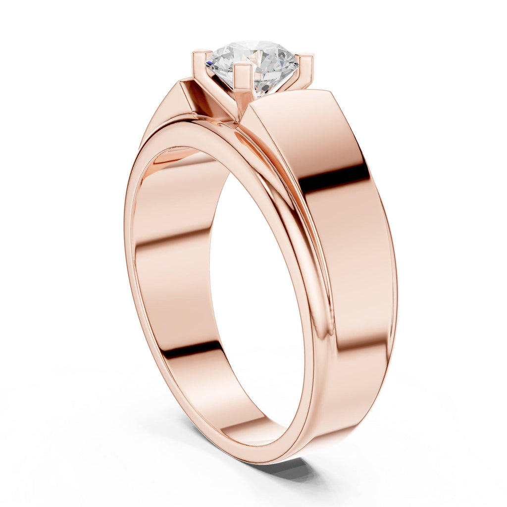 Men's Round Moissanite Four-Prong Ring, Wide Flat Band – 925 Sterling Silver, 18K Gold Vermeil