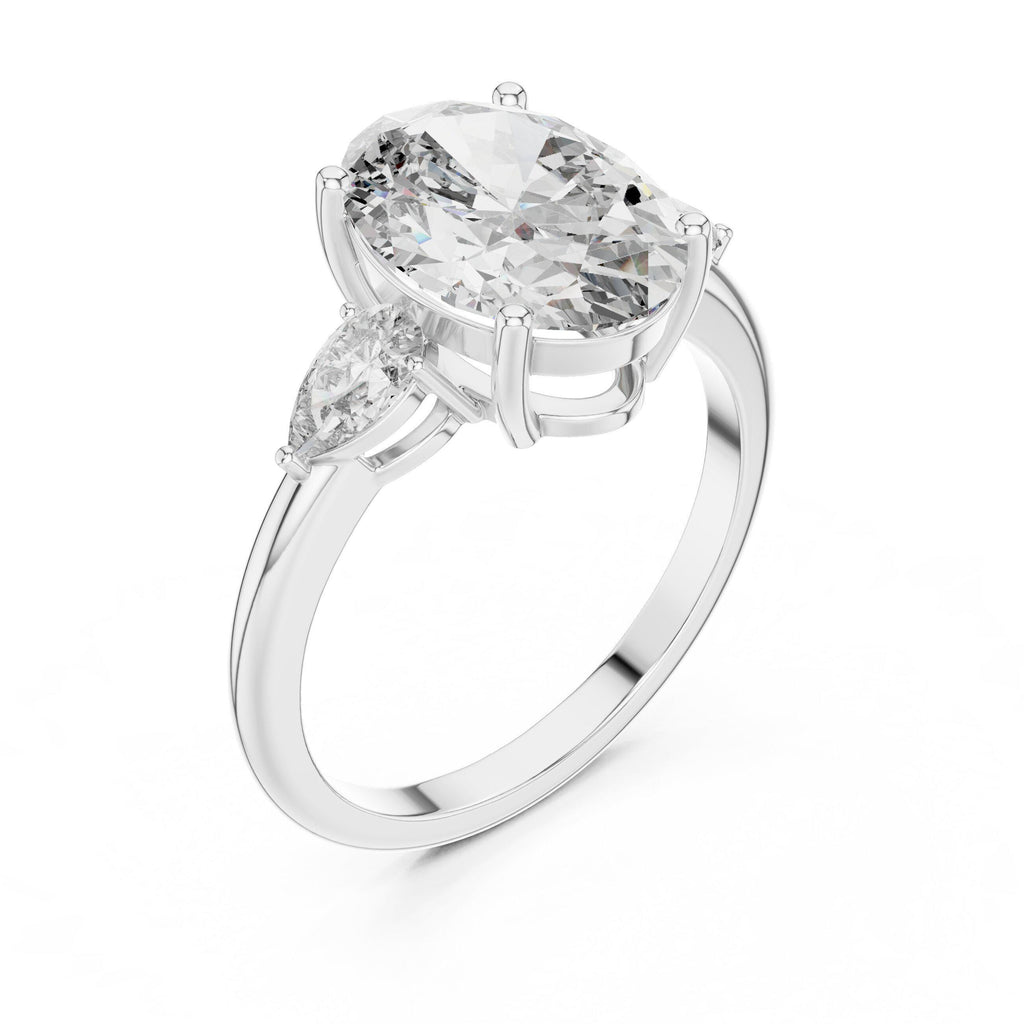 Oval Moissanite Three-Stone Ring with Pear Side Stones – 925 Sterling Silver, 18K Gold Vermeil
