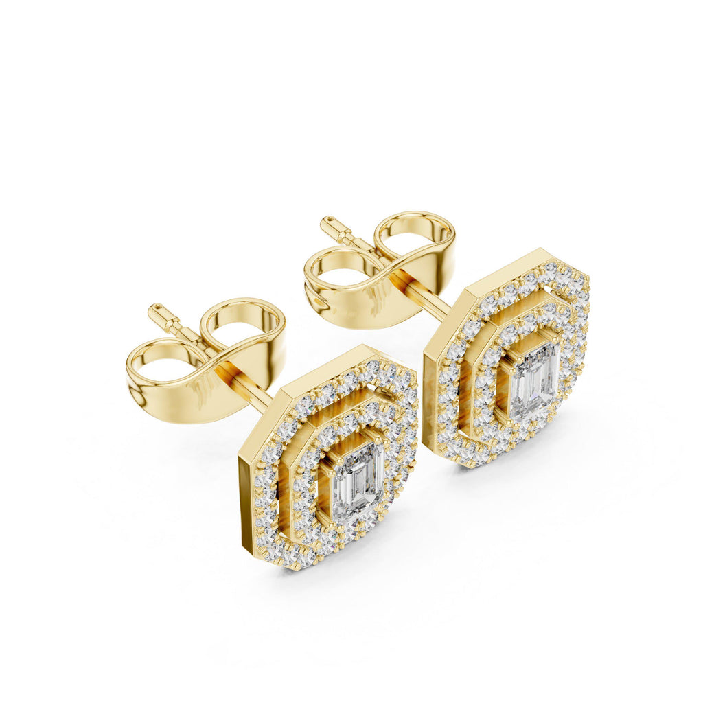 Emerald-Cut Moissanite Octagon Double-Halo Stud Earrings – 925 Sterling Silver, 18K Gold Vermeil