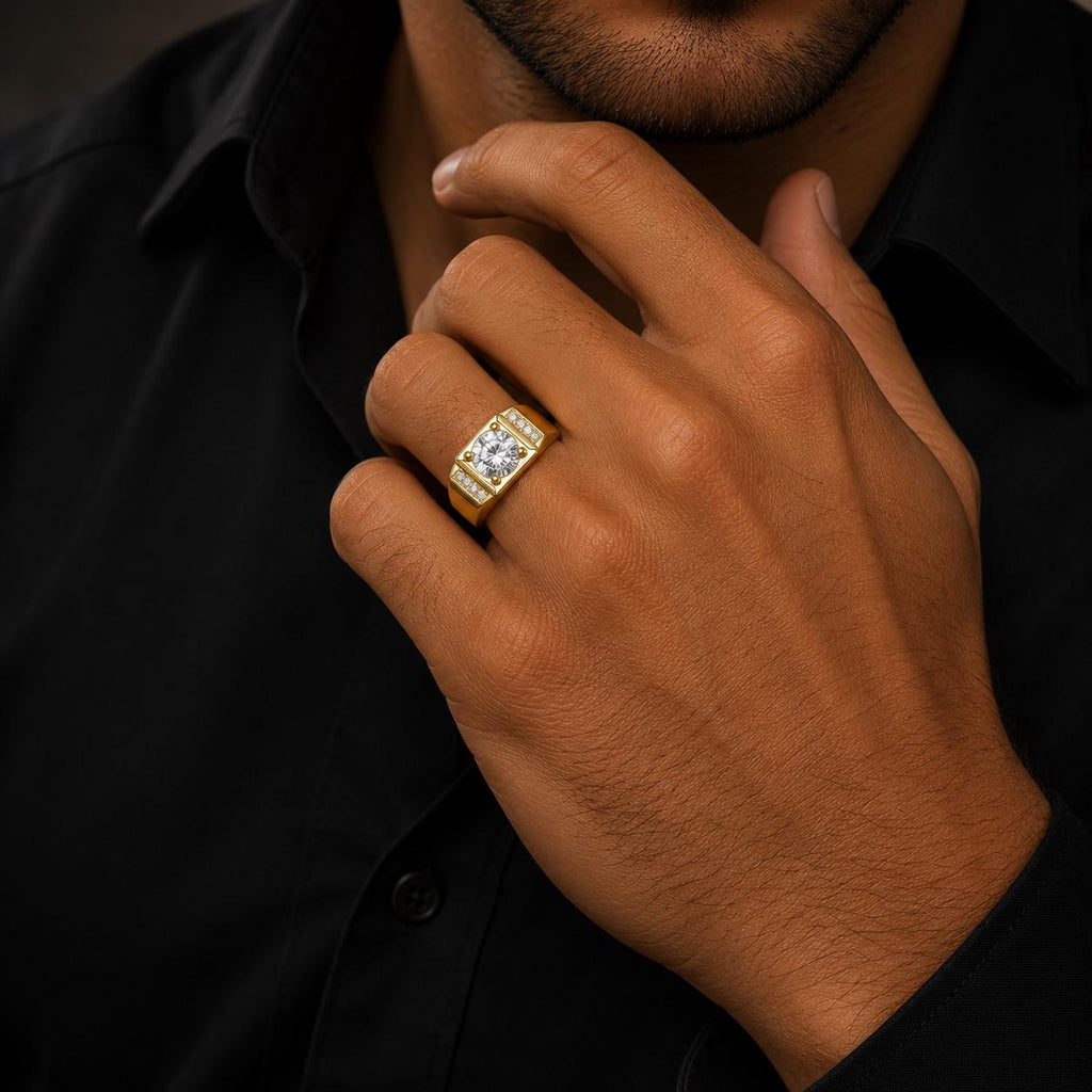 Men's Round Moissanite Ring with Pavé Shoulders – 925 Sterling Silver, 18K Gold Vermeil