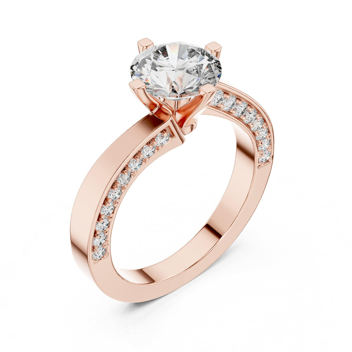 Round Moissanite Twist Ring with Pavé Band, 7.5mm – 925 Sterling Silver, 18K Gold Vermeil