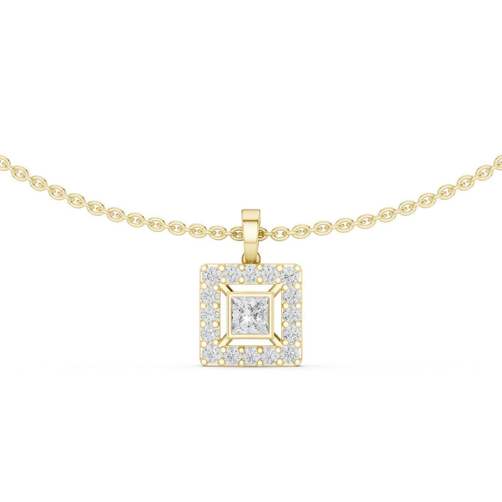 Princess Moissanite Square-Halo Pendant Necklace – 925 Sterling Silver, 18K Gold Vermeil