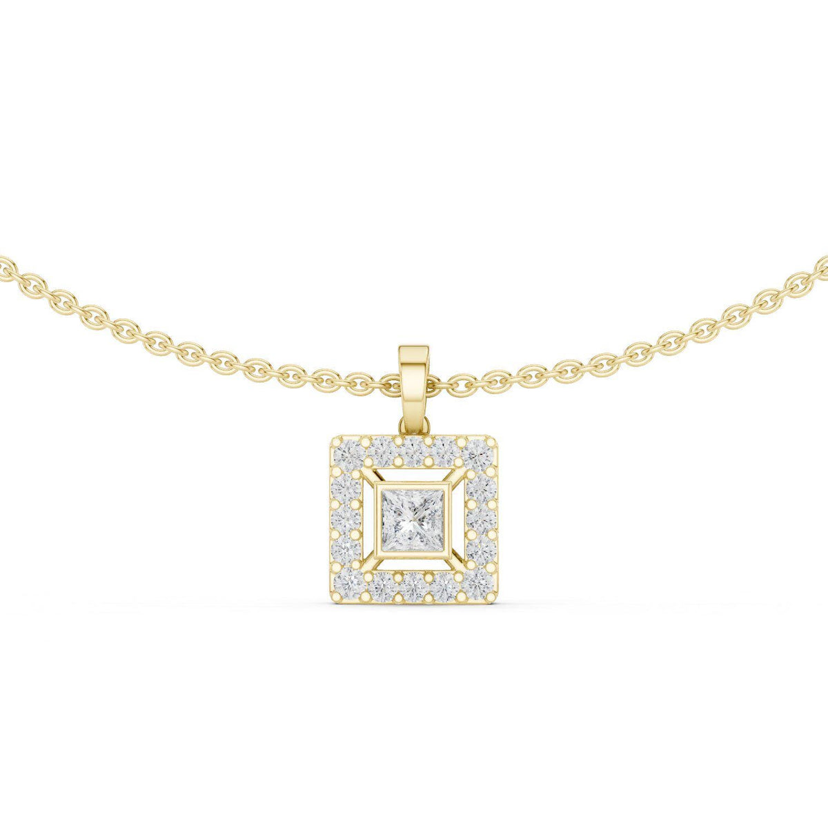 Princess Moissanite Square-Halo Pendant Necklace – 925 Sterling Silver, 18K Gold Vermeil