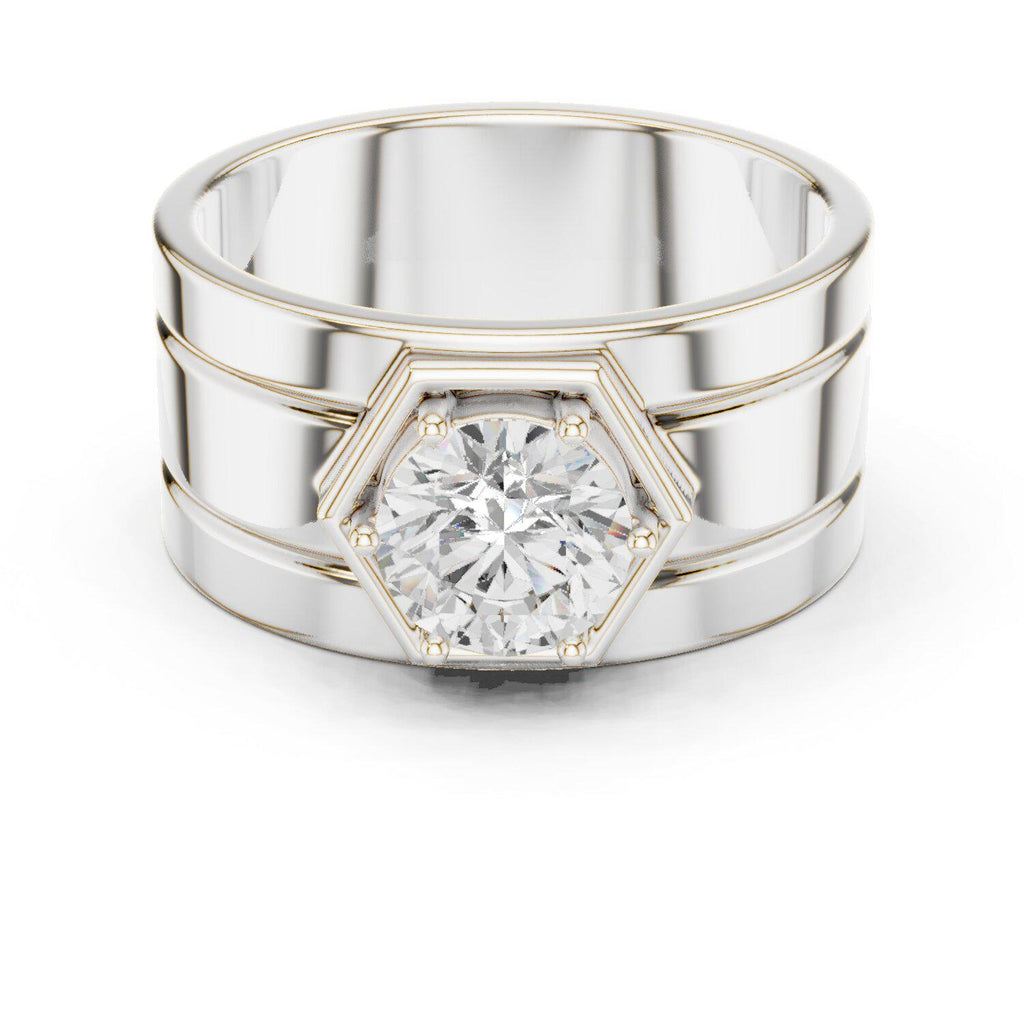Men's Round Moissanite Ring with Hexagon Frame, Wide Band – 925 Sterling Silver, 18K Gold Vermeil