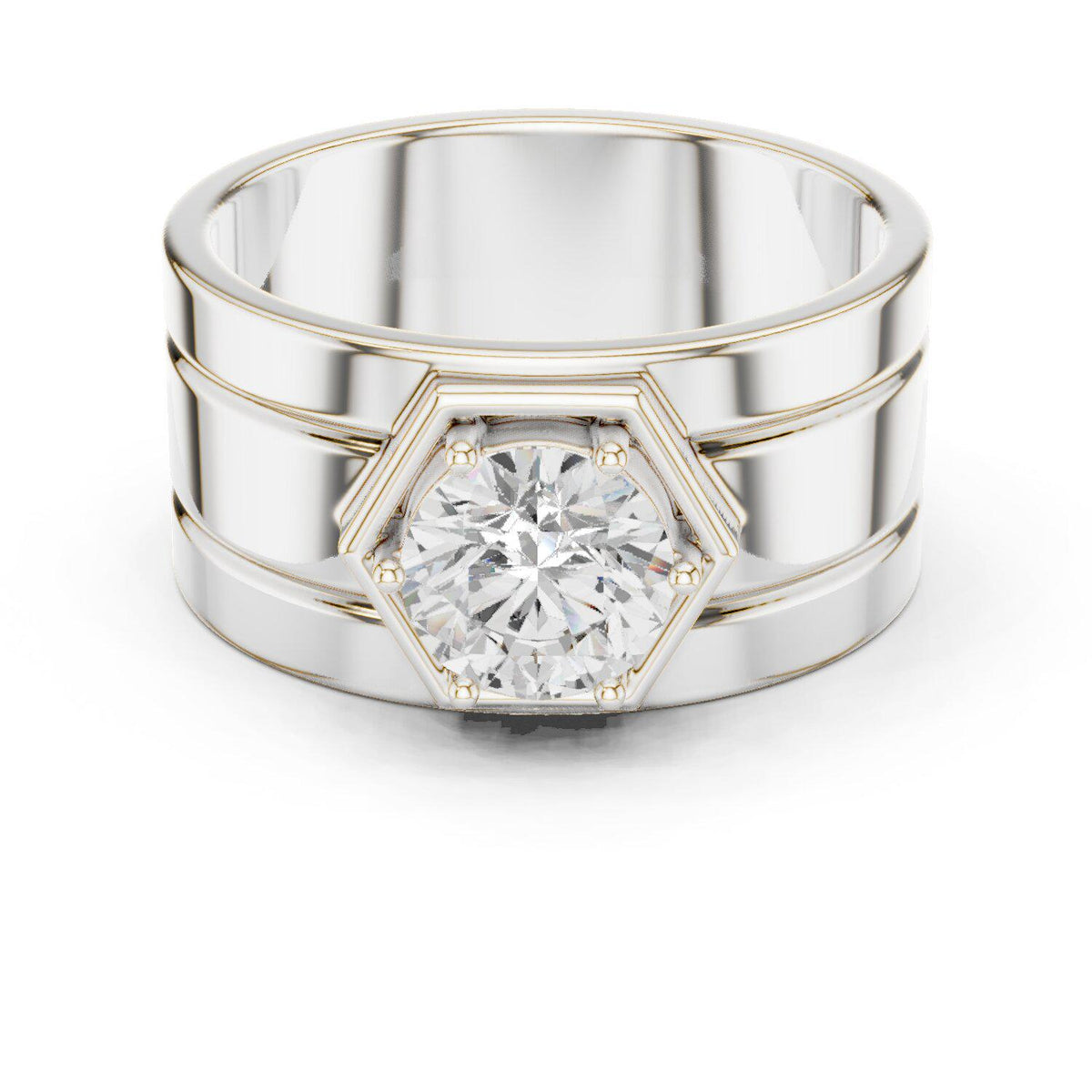 Men's Round Moissanite Ring with Hexagon Frame, Wide Band – 925 Sterling Silver, 18K Gold Vermeil