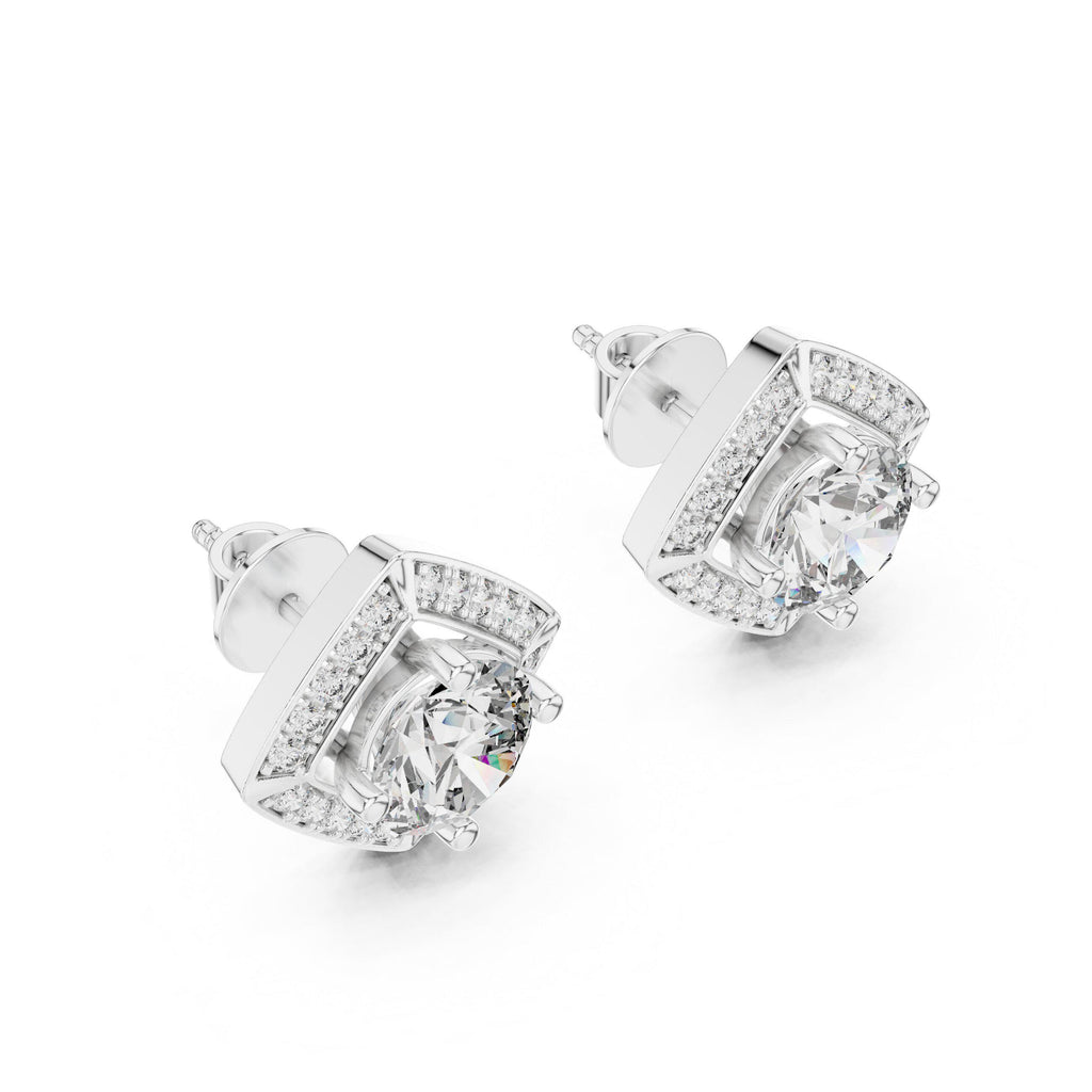 Square Halo Round Moissanite Stud Earrings – 925 Sterling Silver, 18K Gold Vermeil