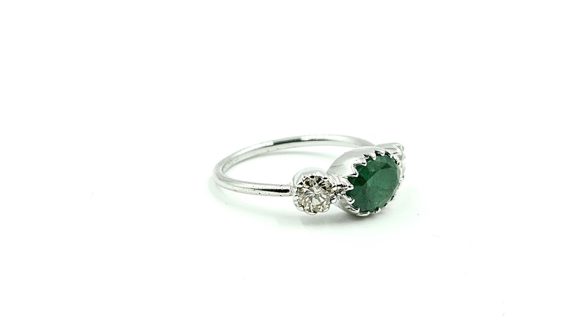 Oval Emerald Three-Stone Ring with Diamonds – 925 Sterling Silver, 18K White Gold Vermeil