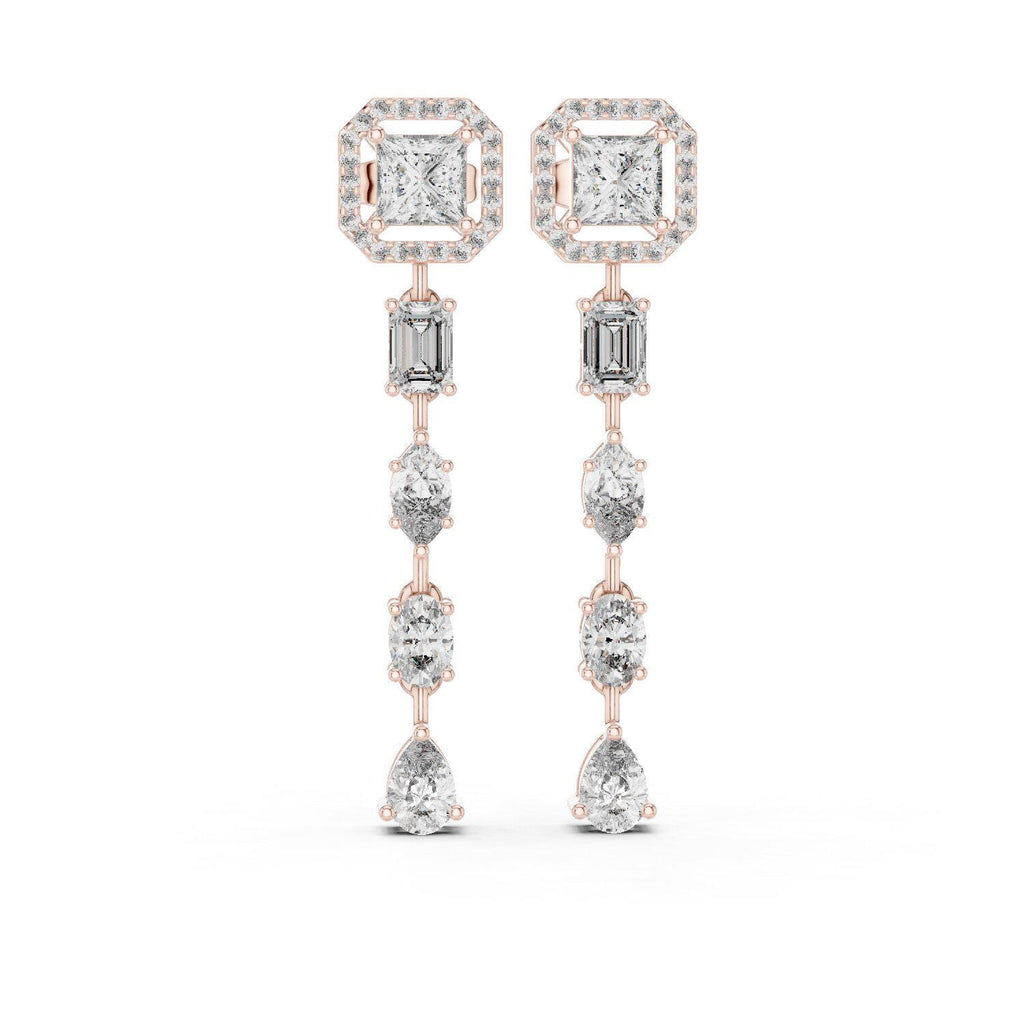 Princess Halo Moissanite Linear Drop Earrings – 925 Sterling Silver, 18K Rose Gold Vermeil