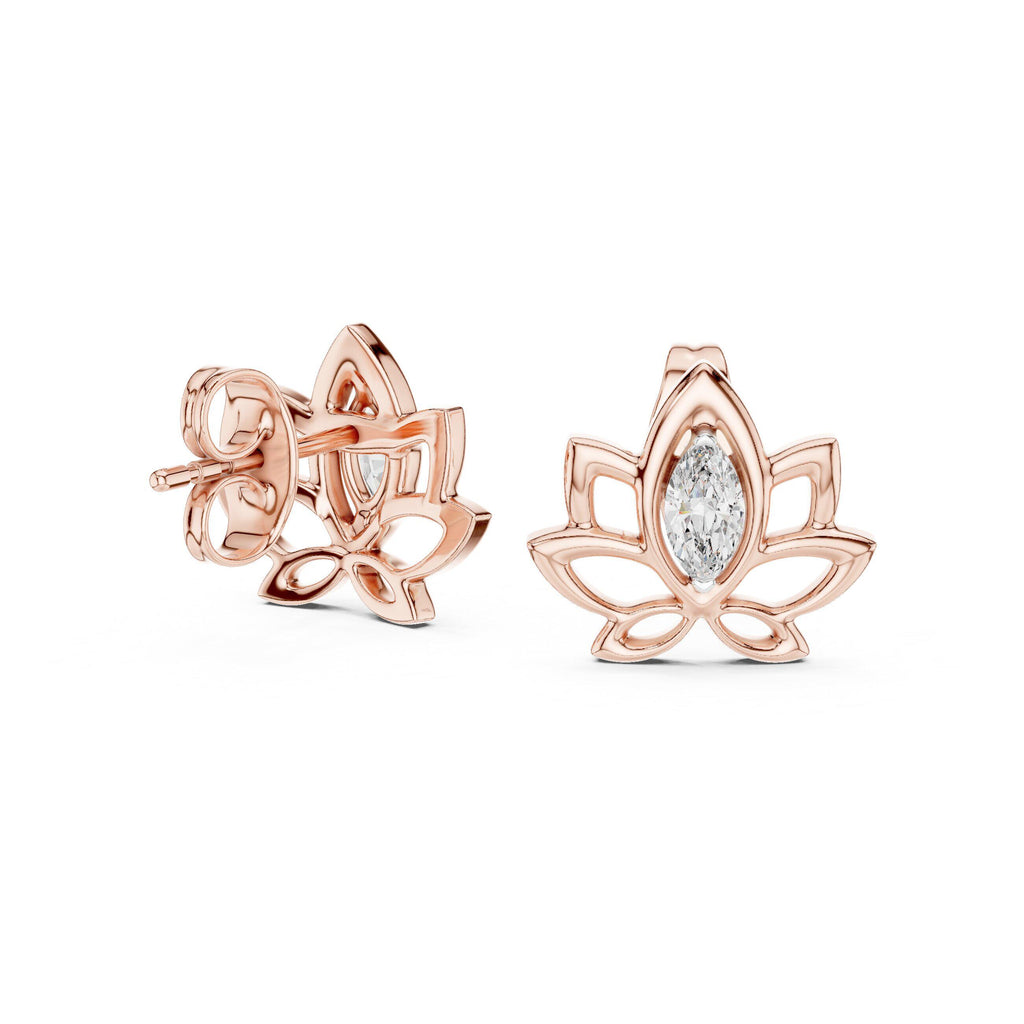 Marquise Moissanite Lotus Outline Stud Earrings – 925 Sterling Silver, 18K Gold Vermeil