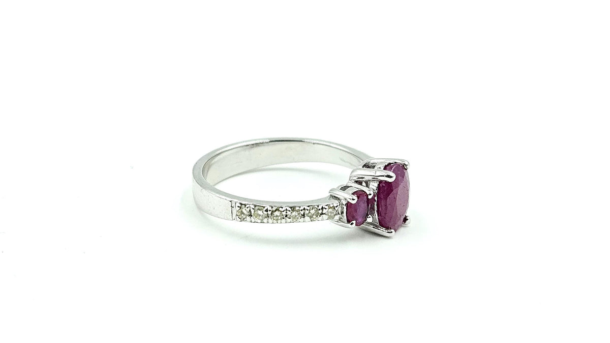 Oval Ruby Three-Stone Ring with Diamond Band – 925 Sterling Silver, 18K White Gold Vermeil