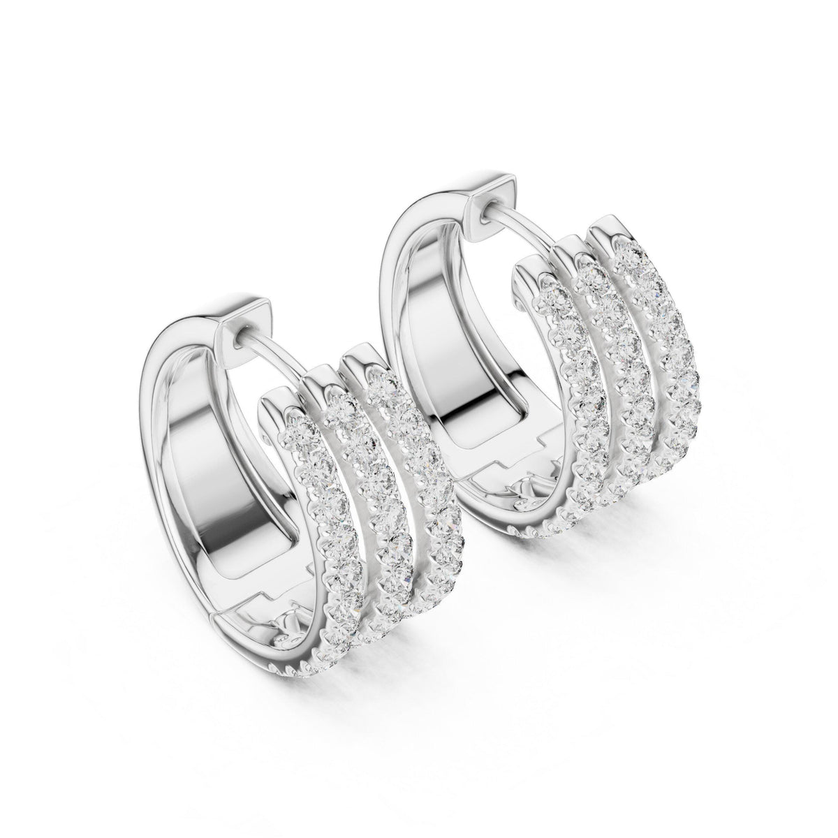 Moissanite Pavé Triple-Row Huggie Hoop Earrings – 925 Sterling Silver, 18K Gold Vermeil