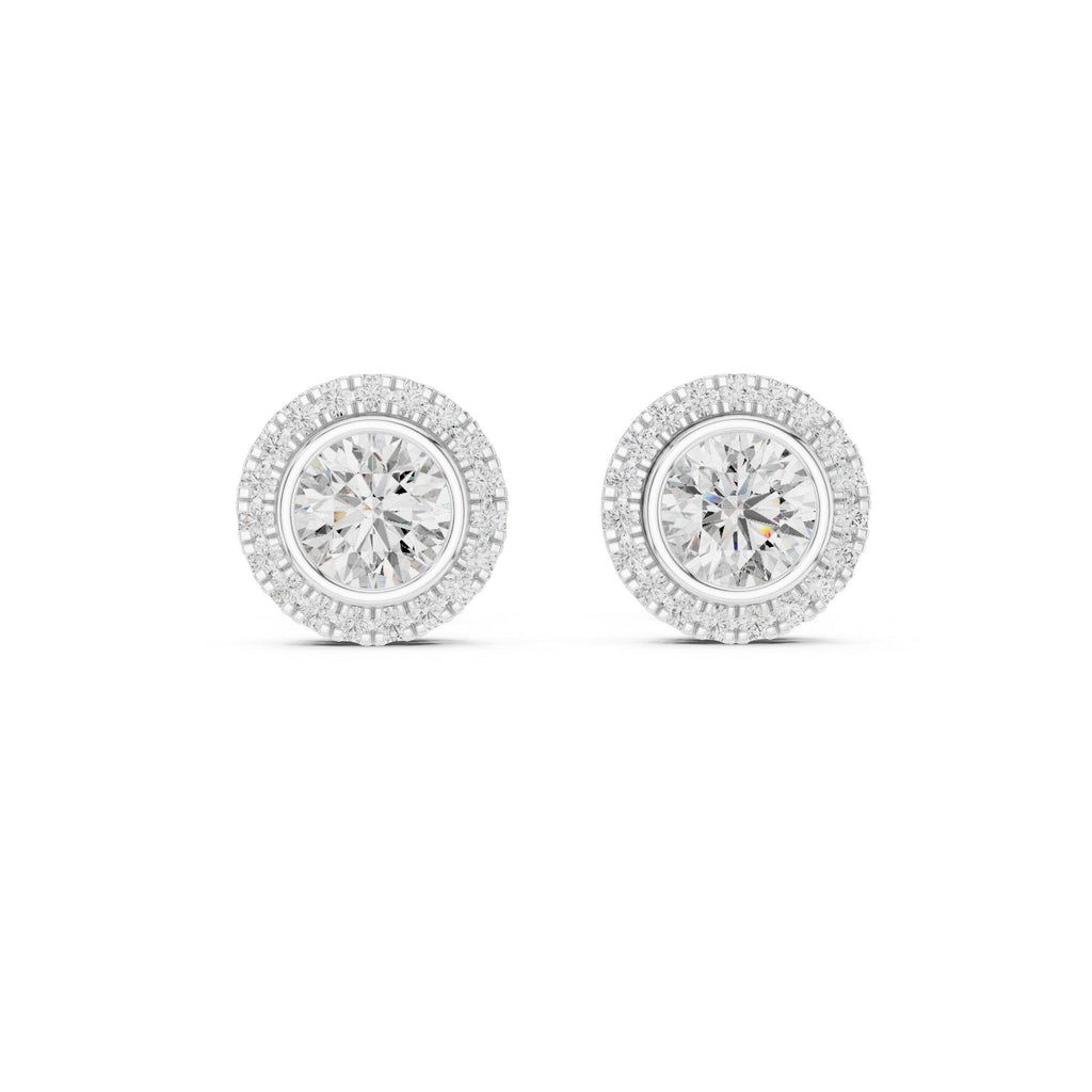 Round Moissanite Bezel Halo Stud Earrings – 925 Sterling Silver, 18K Gold Vermeil
