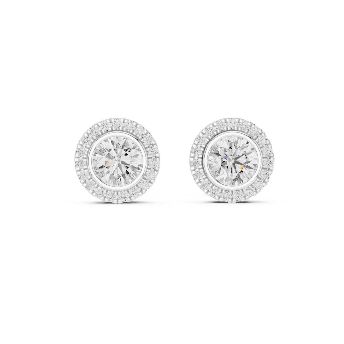 Round Moissanite Bezel Halo Stud Earrings – 925 Sterling Silver, 18K Gold Vermeil