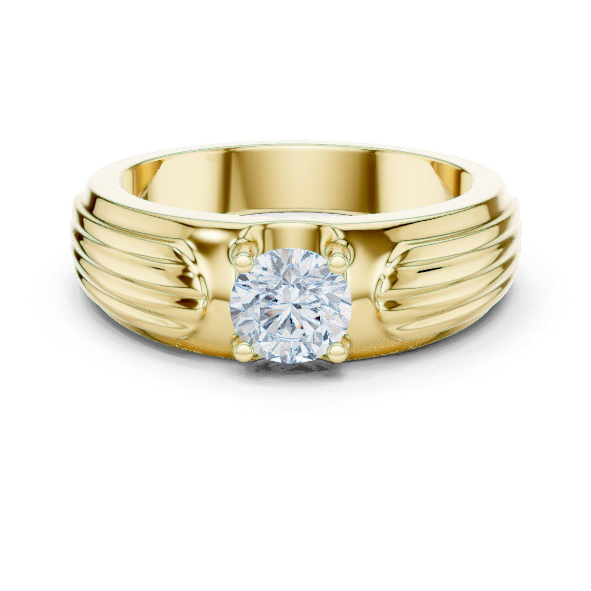 Men's Round Moissanite Solitaire Ring, Grooved Shoulders – 925 Sterling Silver, 18K Gold Vermeil