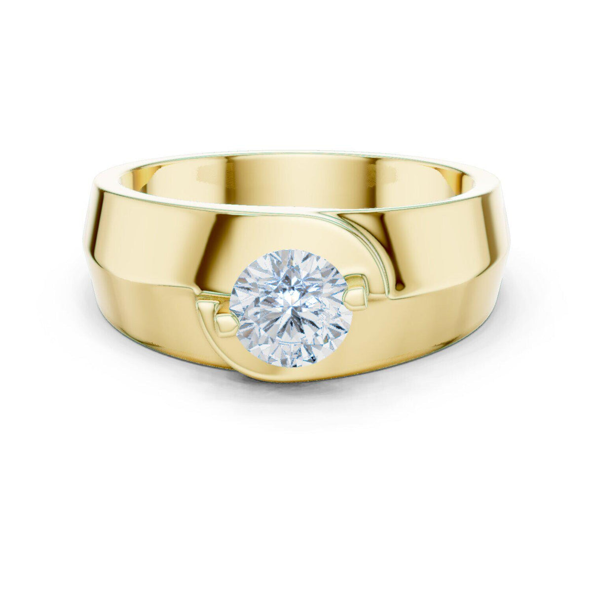 Men's Round Moissanite Ring, Tapered Wide Band – 925 Sterling Silver, 18K Gold Vermeil