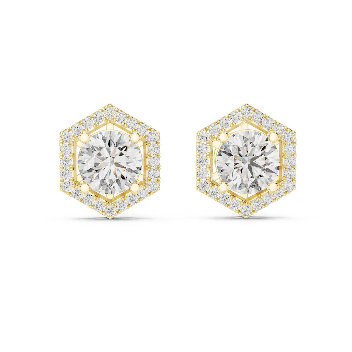 Hexagon Halo Round Moissanite Stud Earrings – 925 Sterling Silver, 18K Gold Vermeil