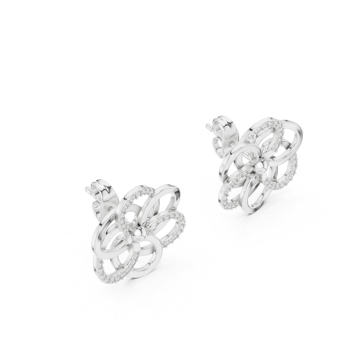 Moissanite Pavé Looped Flower Stud Earrings – 925 Sterling Silver, 18K Gold Vermeil