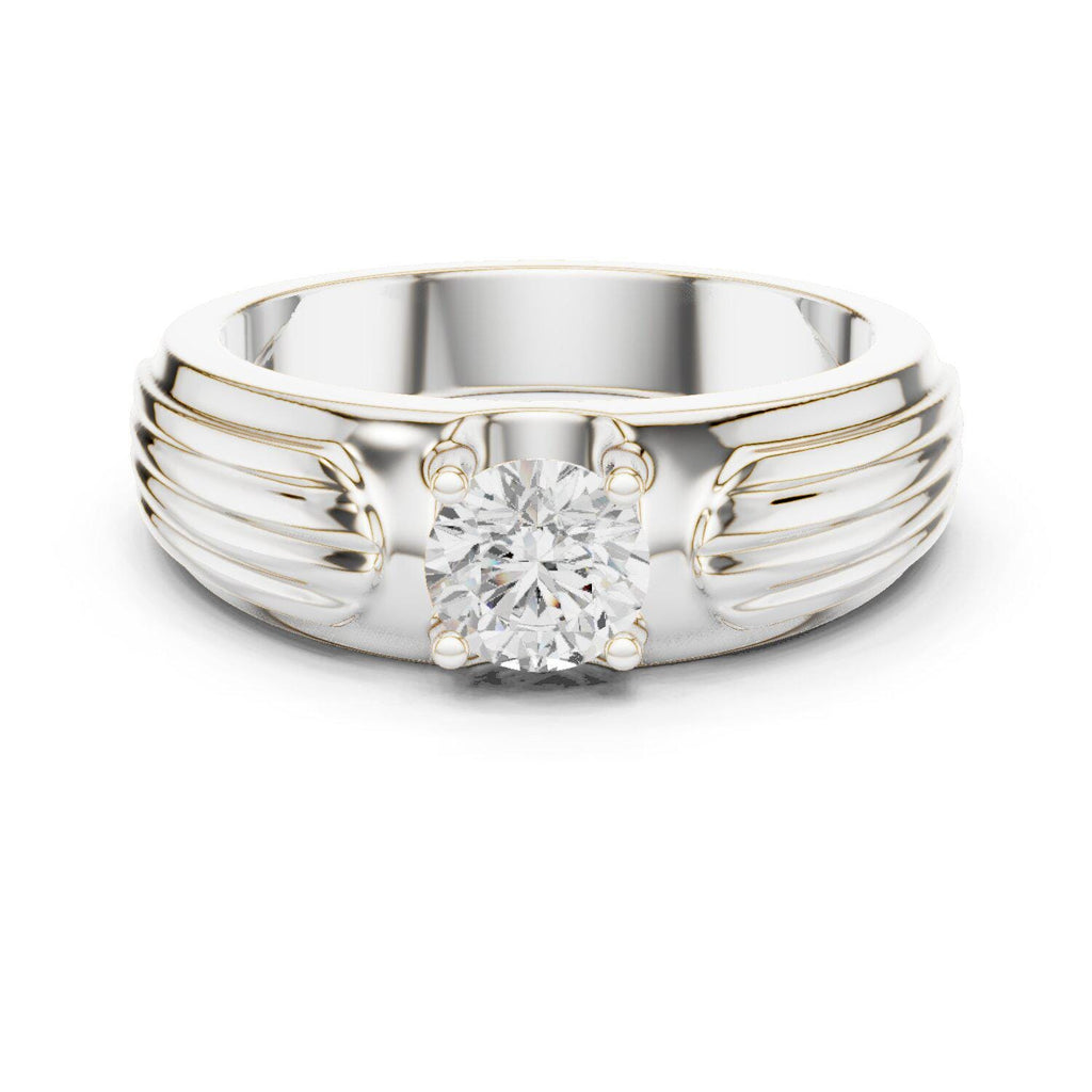 Men's Round Moissanite Solitaire Ring, Grooved Shoulders – 925 Sterling Silver, 18K Gold Vermeil