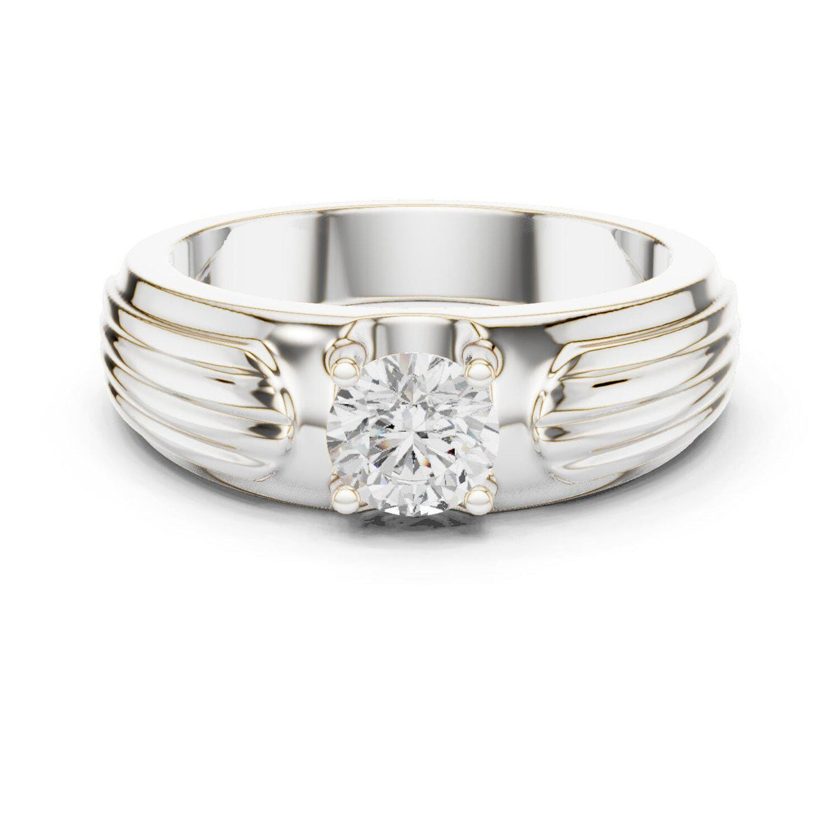 Men's Round Moissanite Solitaire Ring, Grooved Shoulders – 925 Sterling Silver, 18K Gold Vermeil