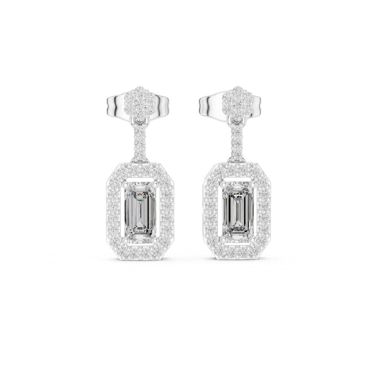 Emerald-Cut Moissanite Octagon Halo Drop Earrings – 925 Sterling Silver, 18K Gold Vermeil