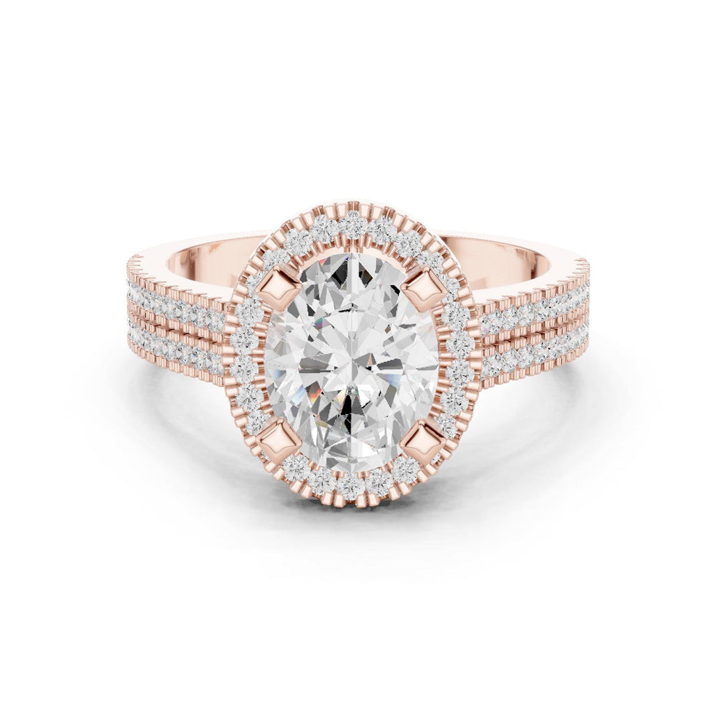 Oval Moissanite Halo Ring with Triple-Row Pavé Band – 925 Sterling Silver, 18K Gold Vermeil