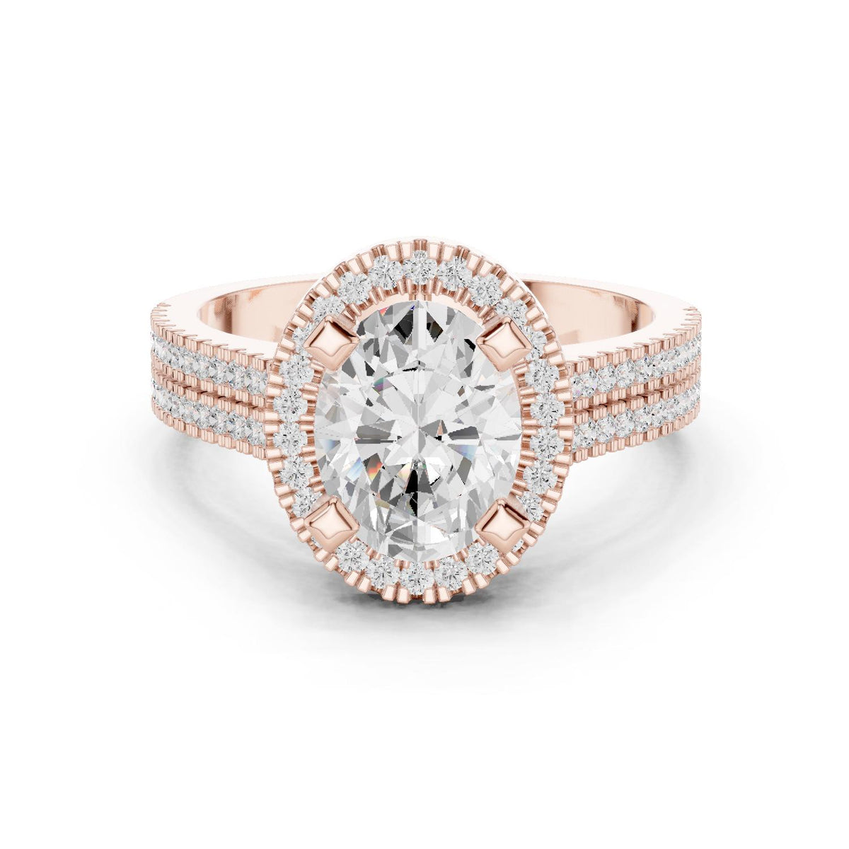 Oval Moissanite Halo Ring with Triple-Row Pavé Band – 925 Sterling Silver, 18K Gold Vermeil