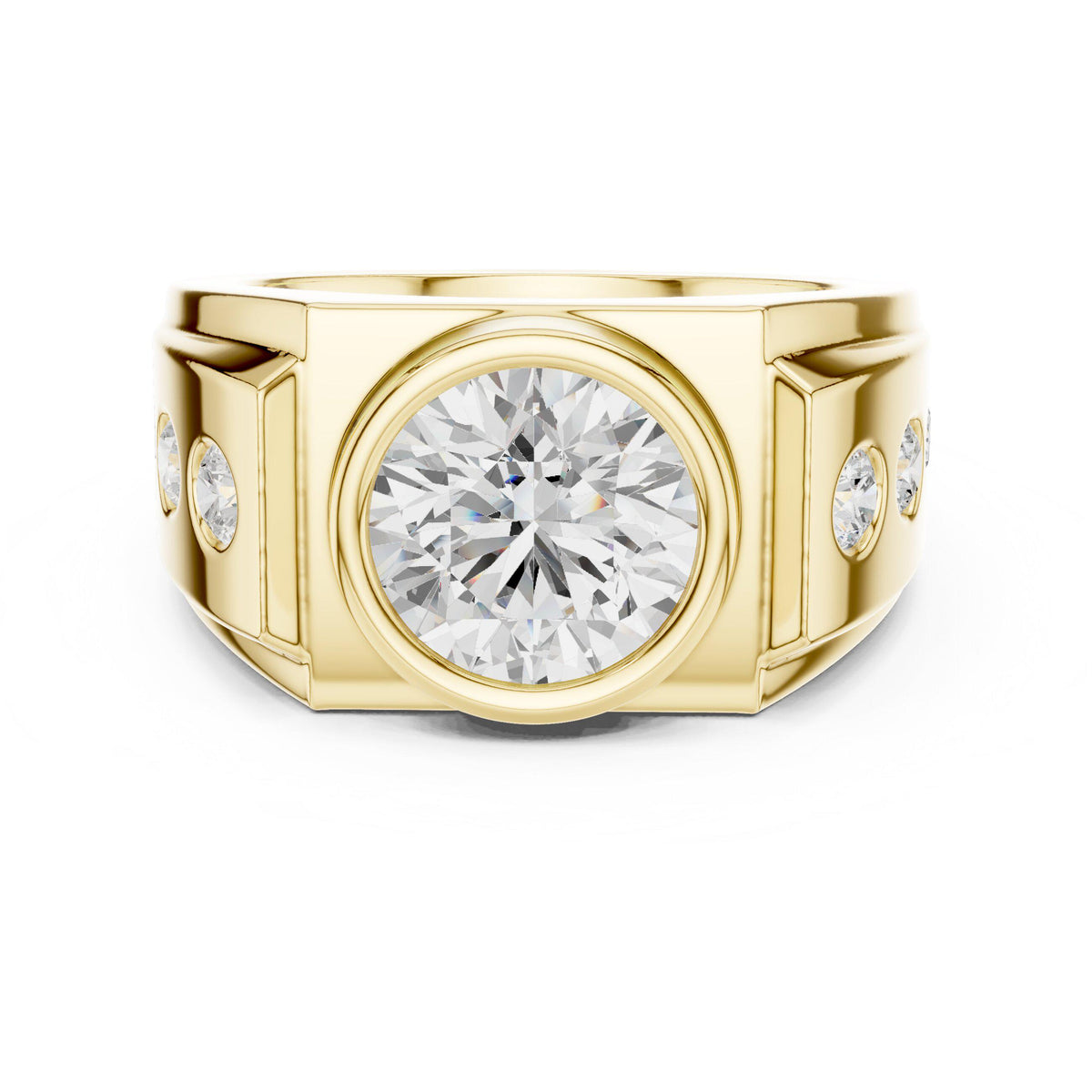 Men's Round Bezel-Set Moissanite Signet Ring with Side Stones – 925 Sterling Silver, 18K Gold Vermeil