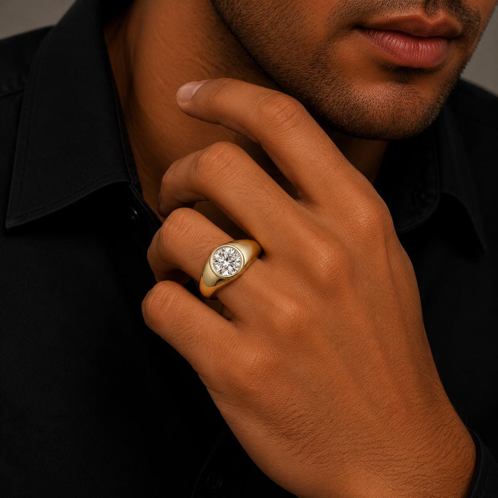 Men's Round Bezel-Set Moissanite Signet Ring – 925 Sterling Silver, 18K Gold Vermeil