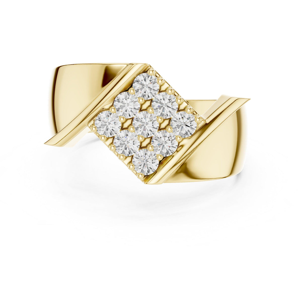 Men's Twisted Bypass Ring with Square Pavé Cluster – 925 Sterling Silver, 18K Gold Vermeil