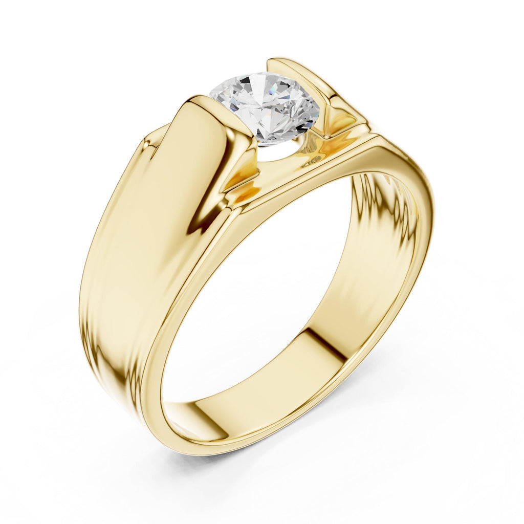 Men's Round Moissanite Ring, T-Setting with Ridged Band – 925 Sterling Silver, 18K Gold Vermeil