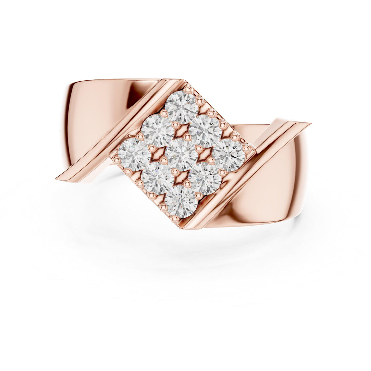 Men's Twisted Bypass Ring with Square Pavé Cluster – 925 Sterling Silver, 18K Gold Vermeil