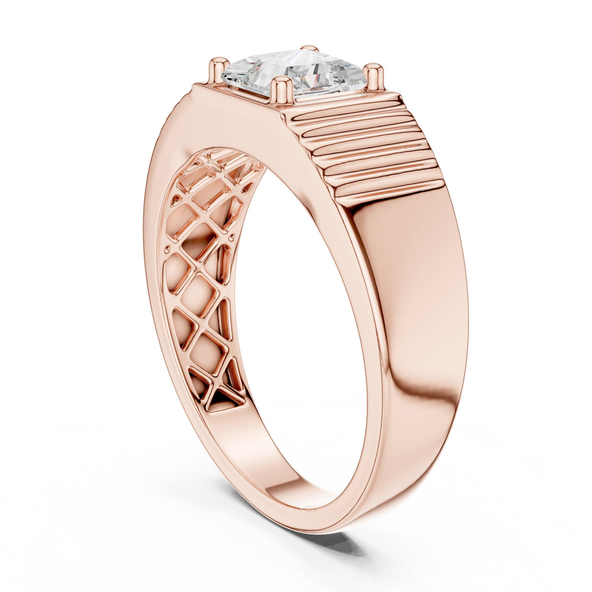 Men's Princess-Cut Moissanite Ring, Grooved Wide Band – 925 Sterling Silver, 18K Gold Vermeil
