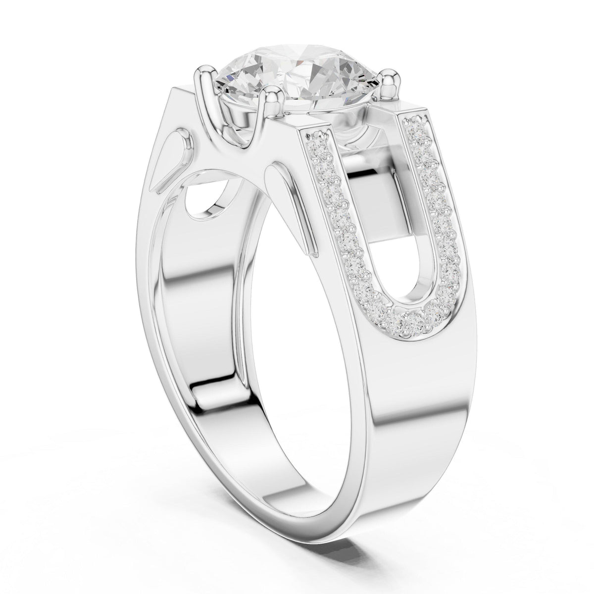 Men's Round Moissanite Ring with Pavé Horseshoe Shoulders – 925 Sterling Silver, 18K Gold Vermeil