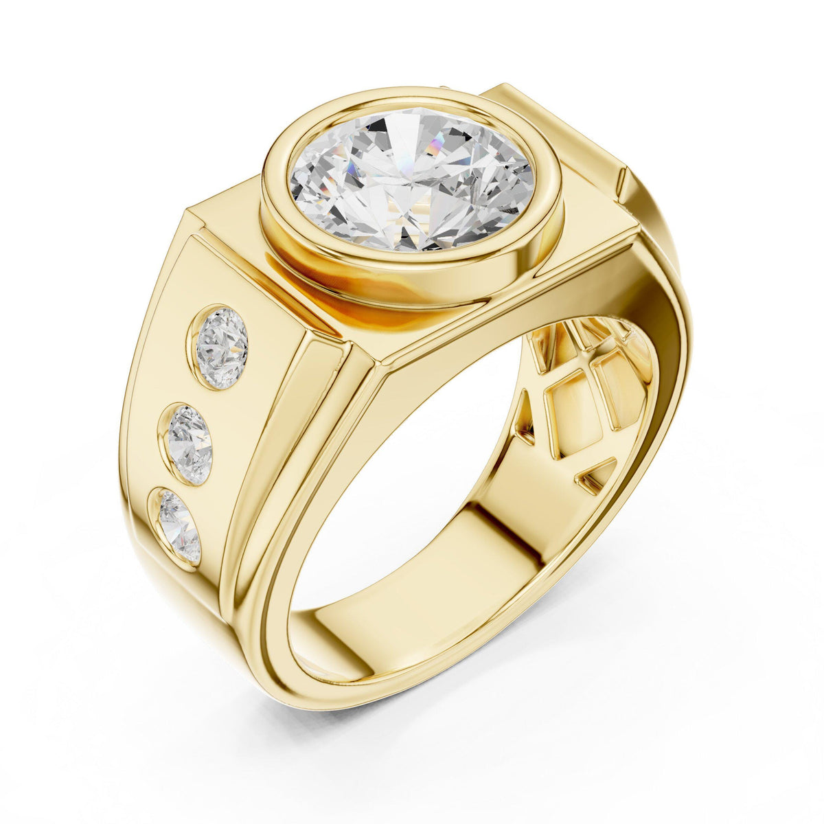 Men's Round Bezel-Set Moissanite Signet Ring with Side Stones – 925 Sterling Silver, 18K Gold Vermeil
