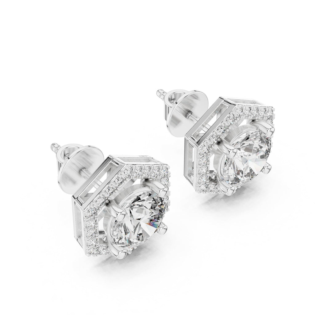 Round Moissanite Hexagon Halo Stud Earrings – 925 Sterling Silver, 18K Gold Vermeil