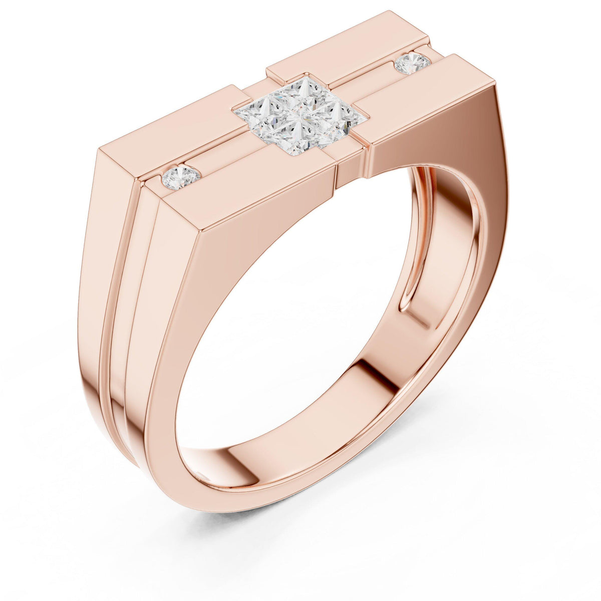 Men's Stepped-Band Moissanite Ring with Square Cluster – 925 Sterling Silver, 18K Gold Vermeil