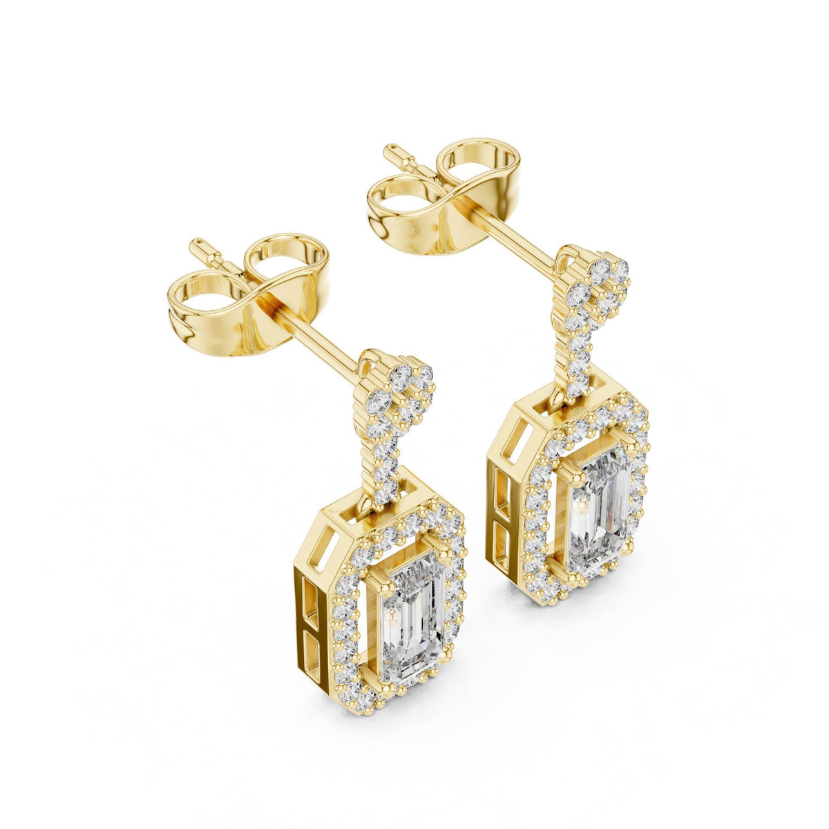 Emerald-Cut Moissanite Octagon Halo Drop Earrings – 925 Sterling Silver, 18K Gold Vermeil