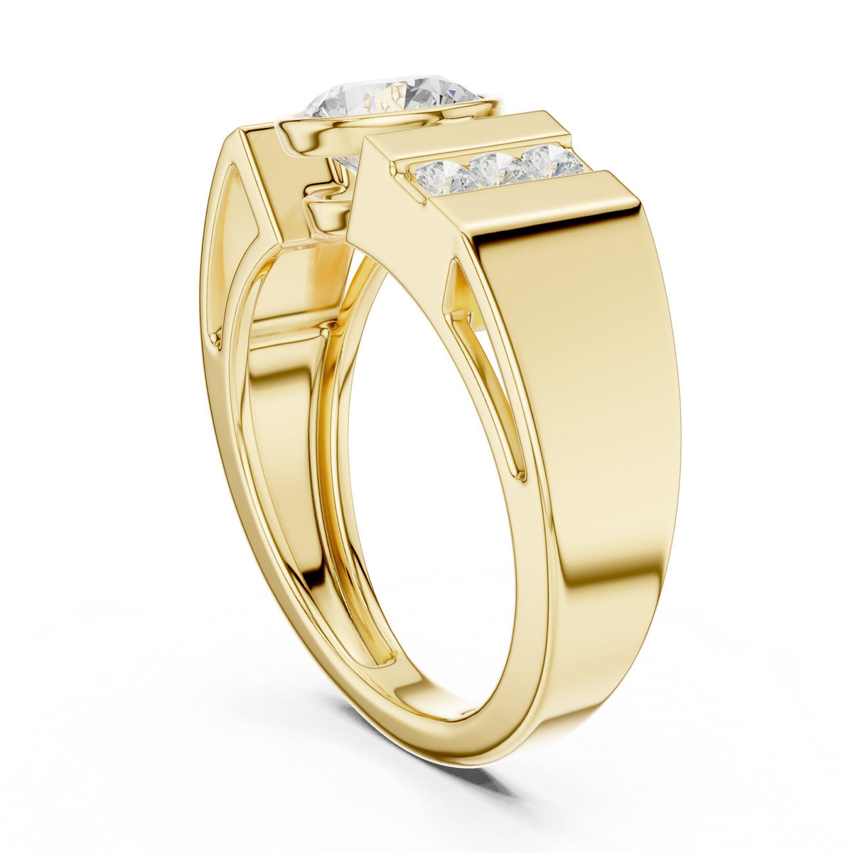 Men's Round Moissanite Ring with Pavé Side Panel – 925 Sterling Silver, 18K Gold Vermeil
